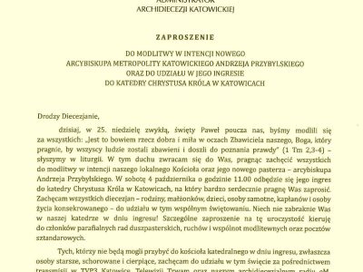 Zaproszenie do modlitwy i udziału w ingresie nowego Arcybiskupa Metropolity Katowickiego